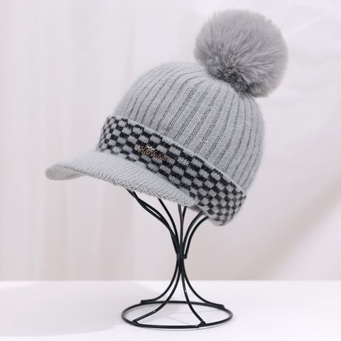 Women's Sweet Simple Style Plaid Pom Poms Curved Eaves Wool Cap