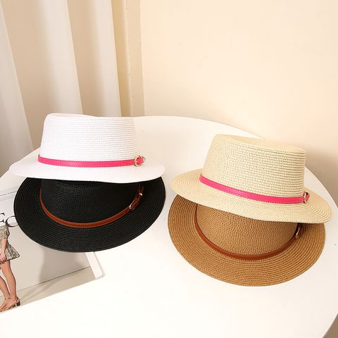 Women's Pastoral Solid Color Belt Buckle Wide Eaves Straw Hat