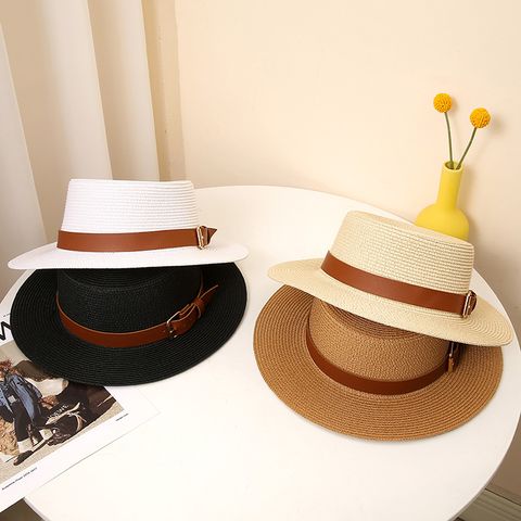 Women's Pastoral Solid Color Belt Buckle Wide Eaves Straw Hat