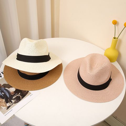 Women's Pastoral Solid Color Straps Wide Eaves Straw Hat