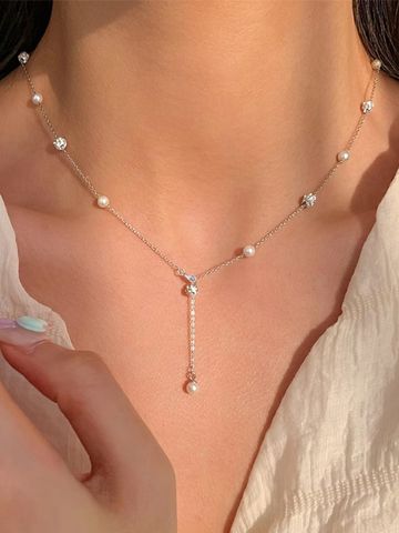Simple Style Round Stainless Steel Pearl Inlay Zircon Necklace