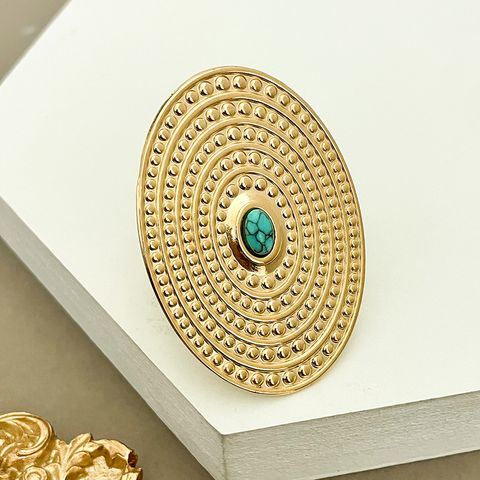 304 Stainless Steel 14K Gold Plated Vintage Style Simple Style Plating Inlay Oval Turquoise Open Rings