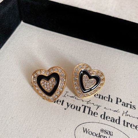 1 Pair Retro Color Block Heart Shape Pleated Inlay Copper Rhinestones Drop Earrings