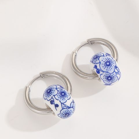 1 Paire Classique Bleu Et Blanc Porcelaine Acier Inoxydable Céramique Boucles D'oreilles Cerceau