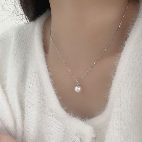 Elegant Solid Color Sterling Silver Plating Inlay Artificial Pearls White Gold Plated Pendant Necklace