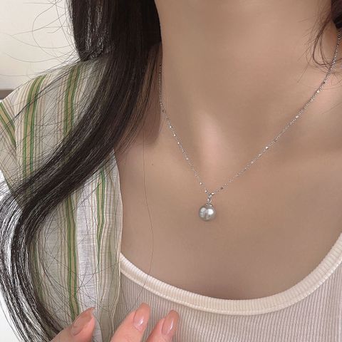Elegant Solid Color Sterling Silver Plating Inlay Artificial Pearls White Gold Plated Pendant Necklace