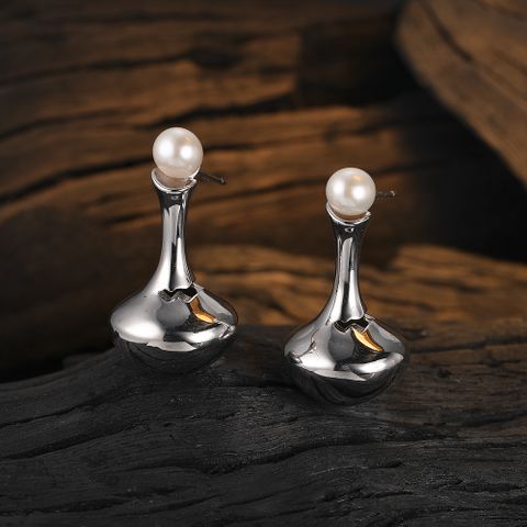 1 Pair Original Design Solid Color Plating Inlay Sterling Silver Freshwater Pearl White Gold Plated Ear Studs