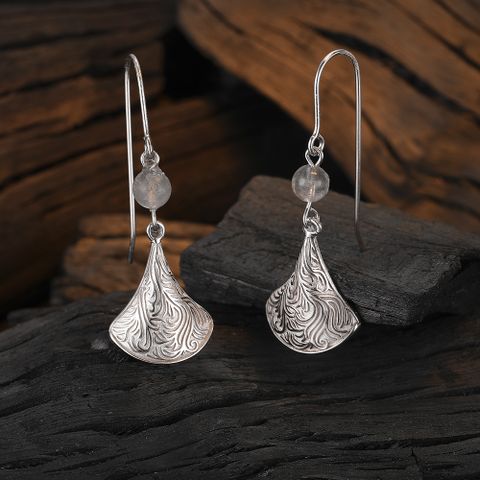 1 Pair Original Design Sector Plating Mesh Pleated Natural Stone Sterling Silver White Gold Plated Drop Earrings