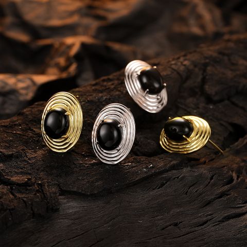 1 Pair Original Design Oval Plating Inlay Sterling Silver Agate 24k Gold Plated White Gold Plated Ear Studs