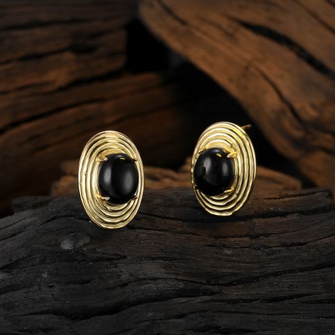 1 Pair Original Design Oval Plating Inlay Sterling Silver Agate 24k Gold Plated White Gold Plated Ear Studs