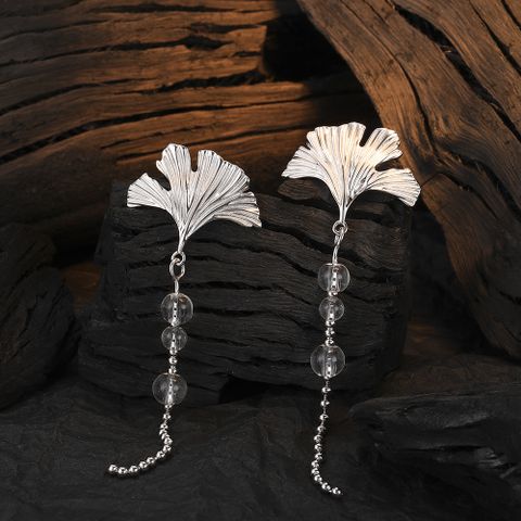1 Pair Original Design Simple Style Ginkgo Leaf Tassel Plating Inlay Sterling Silver Crystal White Gold Plated Drop Earrings