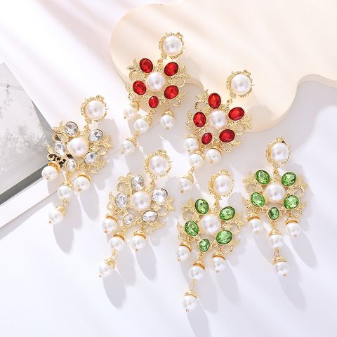 1 Pair Elegant Luxurious Bridal Round Plating Inlay Alloy Rhinestones Glass Stone Pearl Gold Plated Drop Earrings