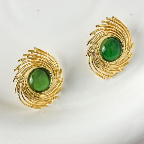 1 Pair Vacation Simple Style Spiral Plating 304 Stainless Steel Glass Stone 14K Gold Plated Ear Studs