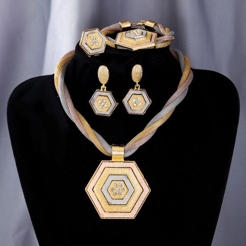 Vintage Style Luxurious Solid Color Copper Plating Inlay Rhinestones 18k Gold Plated Jewelry Set