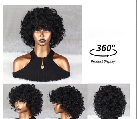 Women's African Style Street High Temperature Wire Bangs Short Curly Hair Wig Net