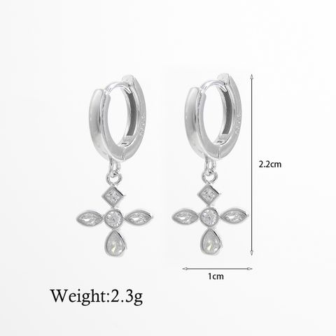 1 Piece Casual Simple Style Cross Devil's Eye Snake Inlay Sterling Silver Zircon White Gold Plated Rhodium Plated Drop Earrings