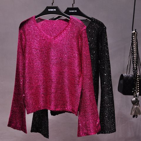 Women's Knitwear Long Sleeve Sweaters & Cardigans Sequins Elegant Sexy Solid Color