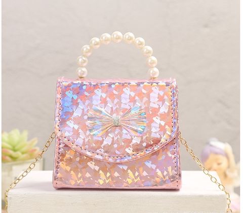 Girl's Pu Leather Sequins Cute Pearls Square Flip Cover Handbag