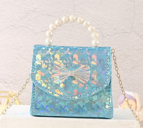 Girl's Pu Leather Sequins Cute Pearls Square Flip Cover Handbag