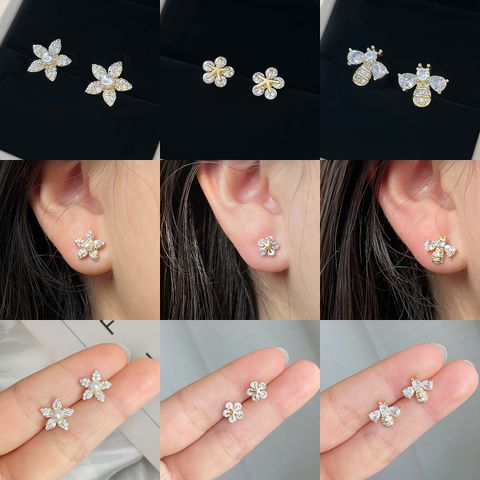 1 Pair Simple Style Leaf Moon Heart Shape Plating Inlay Copper Zircon 14k Gold Plated White Gold Plated Ear Studs