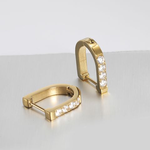 1 Pair Simple Style Shiny Geometric Polishing Plating Inlay Stainless Steel Zircon 14K Gold Plated Rose Gold Plated Hoop Earrings