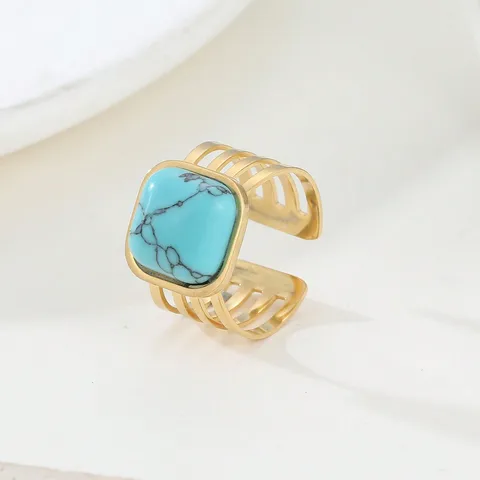 Acier Inoxydable 304 Plaqué Or 18K Rétro Placage Incruster Géométrique Turquoise Anneau Ouvert