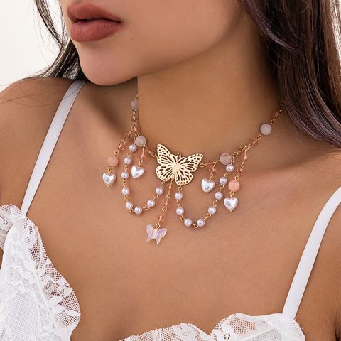 Cute Sweet Round Heart Shape Butterfly Arylic Imitation Pearl Agate Women's Necklace