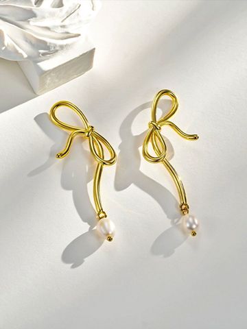 1 Paar Retro Römischer Stil Bogenknoten Kupfer Künstliche Perlen Vergoldet Tropfenohrringe