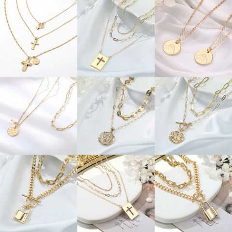 Hip-hop Cool Style Cross Heart Shape Lock Copper 14k Gold Plated Three Layer Necklace In Bulk