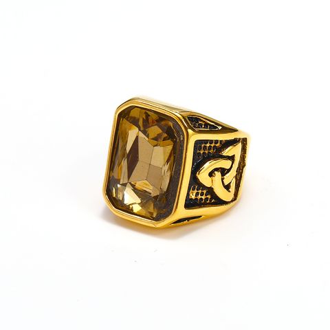 Hip-Hop Geometric Square Titanium Steel Glass 18K Gold Plated Men's Rings