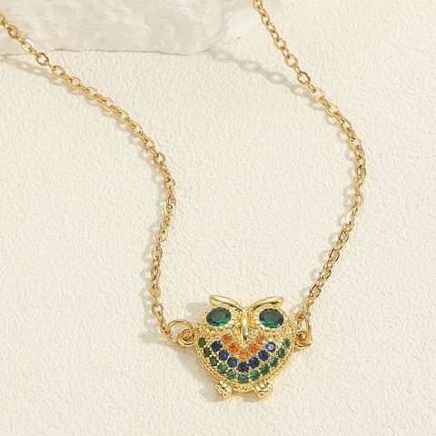 Wholesale Vacation Simple Style Heart Shape Owl Butterfly 304 Stainless Steel Brass Plating Chain Inlay Zircon Pendant Necklace