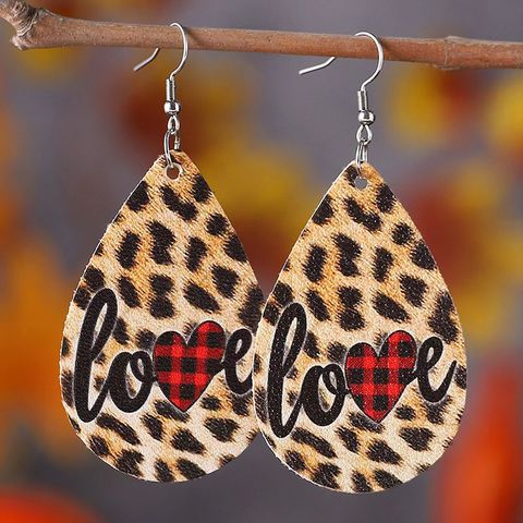 1 Pair Romantic Sweet Water Droplets Heart Shape Leopard Pu Leather Drop Earrings