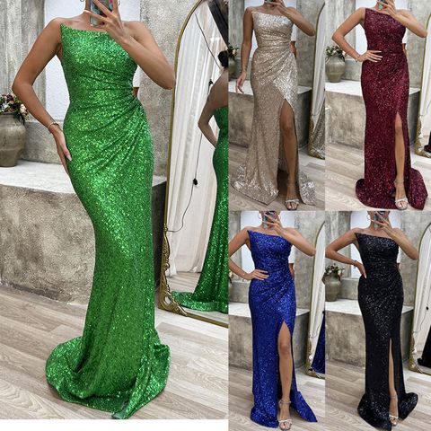 Women's Party Dress Streetwear Strapless Sequins Slit Zipper Sleeveless Solid Color Maxi Long Dress Banquet Party