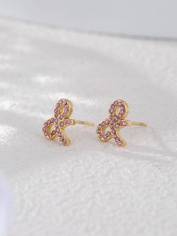 1 Pair Vintage Style Bow Knot Plating Inlay 304 Stainless Steel Zircon 18K Gold Plated Ear Studs