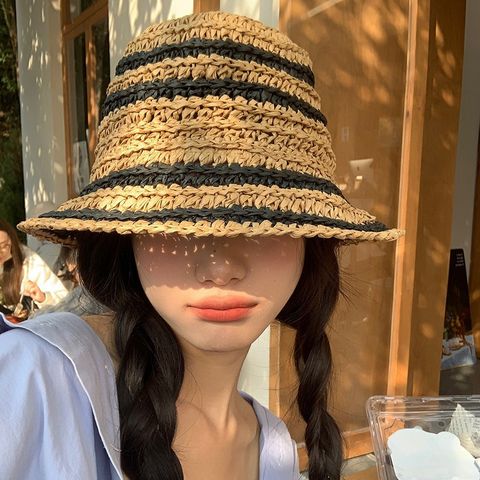 Women's Vacation Stripe Wide Eaves Straw Hat
