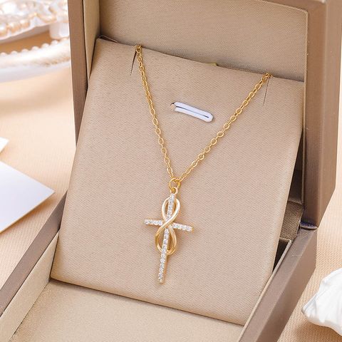 Simple Style Cross Infinity Alloy Copper Plating Inlay Rhinestones 18k Gold Plated Women's Pendant Necklace