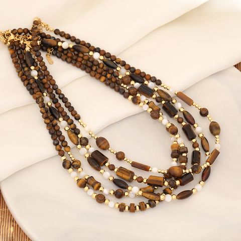 Original Design Commute Color Block Stainless Steel Tiger Eye Beaded Handmade 18K Gold Plated Women's Necklace