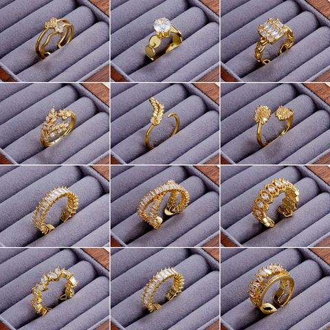 Copper Elegant Simple Style Criss Cross Plating Inlay Leaves Butterfly Zircon Rings