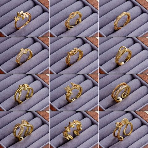 Copper Elegant Simple Style Criss Cross Plating Inlay Star Bow Knot Zircon Open Rings
