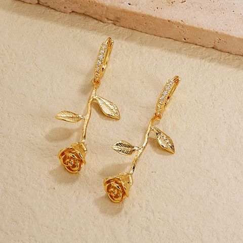 1 Pair Vintage Style Rose Flower Plating Inlay Copper Zircon Drop Earrings