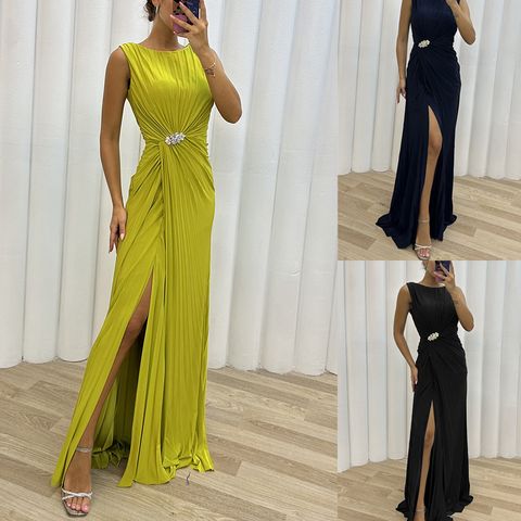 Mujeres Vestidos De Fiesta Estilo Clásico Cuello Redondo Abertura Plisado Sin Mangas Color Sólido Vestido Maxilargo Fiesta Cóctel