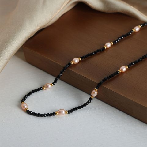 Elegant Vintage Style Color Block Ite Freshwater Pearl Titanium Steel Beaded Plating 18k Gold Plated Unisex Necklace