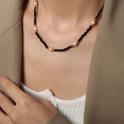 Elegant Vintage Style Color Block Ite Freshwater Pearl Titanium Steel Beaded Plating 18k Gold Plated Unisex Necklace