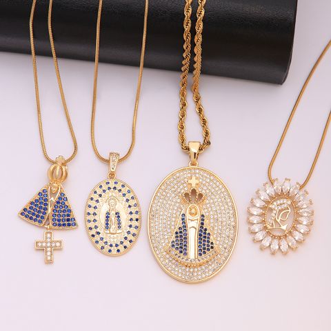 Hip-hop Punk Round Virgin Mary Stainless Steel Artificial Gemstones Copper 18k Gold Plated Zircon Pendant Necklace In Bulk