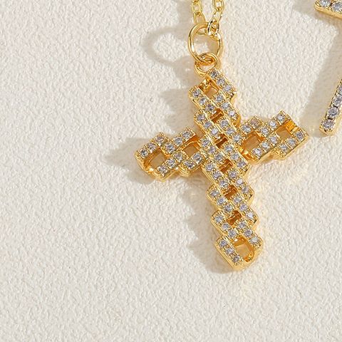 Vintage Style Simple Style Cross Copper 14k Gold Plated Zircon Pendant Necklace In Bulk