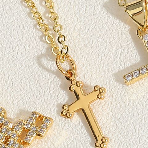 Vintage Style Simple Style Cross Copper 14k Gold Plated Zircon Pendant Necklace In Bulk