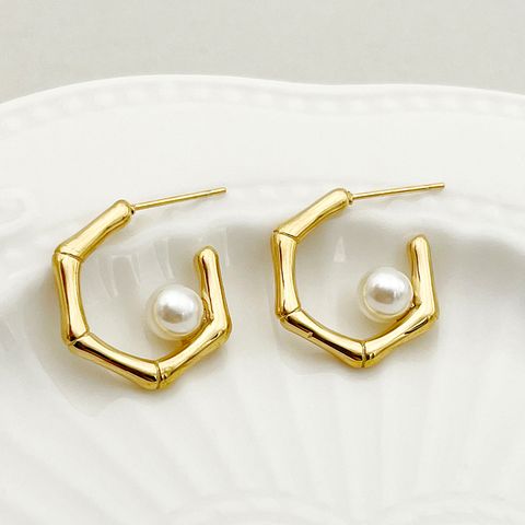 1 Pair Casual Elegant Classical Geometric Plating 304 Stainless Steel Pearl 14K Gold Plated Ear Studs