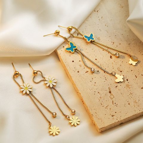 1 Pair Simple Style Commute Butterfly Daisy Plating Inlay 304 Stainless Steel Zircon 18K Gold Plated Drop Earrings