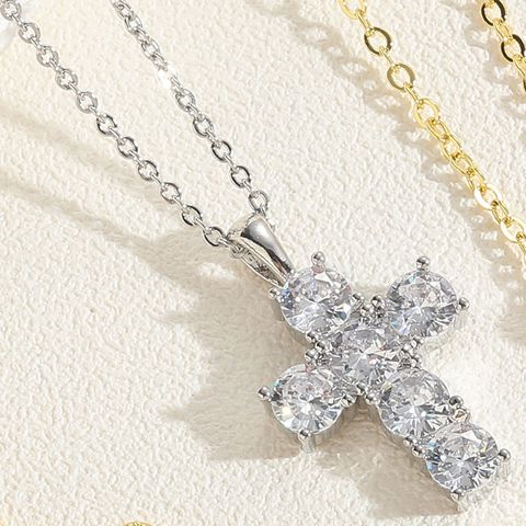 Cute Vintage Style Simple Style Cross Brass 14k Gold Plated White Gold Plated Zircon Pendant Necklace In Bulk