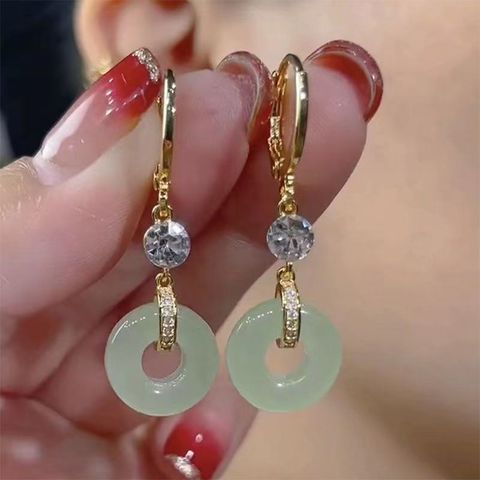 1 Pair Chinoiserie Vintage Style Double Ring Plating Inlay Alloy Artificial Gemstones Jade Gold Plated Drop Earrings
